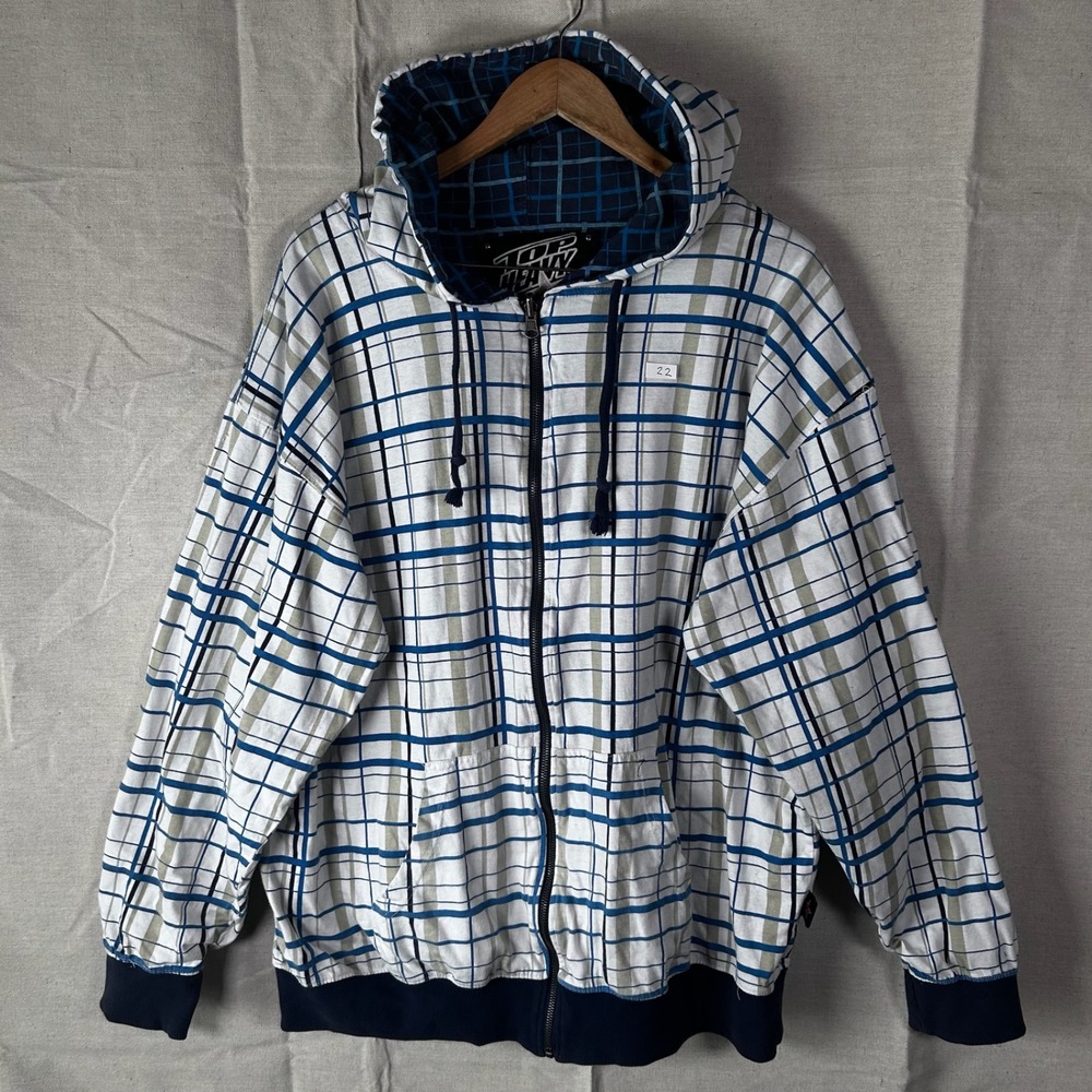 Top Heavy Zip Up Hoodie Mens XXL White Blue Plaid Cotton Full Zip Sweater